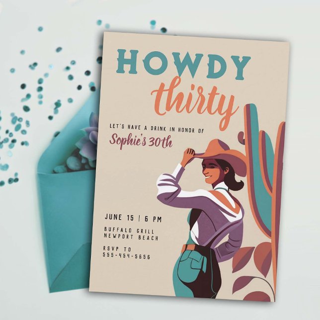 Howdy Thirty Retro Country Western 30th Birthday Invitation (30 birthday invitation for women retro country western desert cactus southwestern howdy thirty)