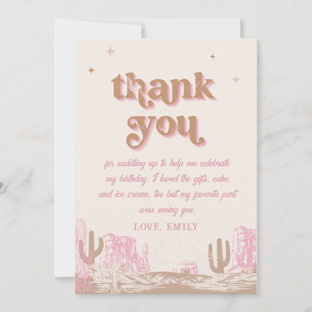 Howdy! Western Pink Cowgirl Birthday  Thank You Card (Front)