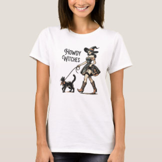 Howdy Witches Cat Halloween Funny Retro T-Shirt