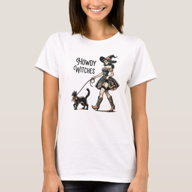 Howdy Witches Cat Halloween Funny Retro T-Shirt (Front)