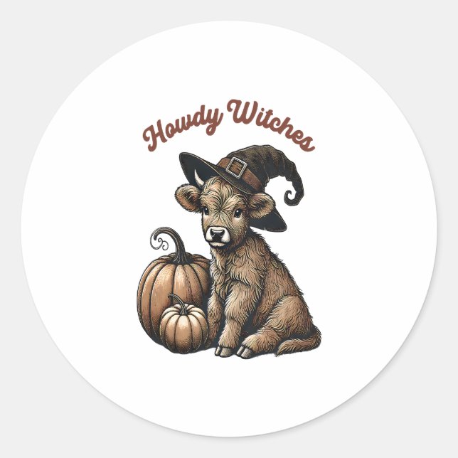 Howdy Witches Halloween Highland Cow Classic Round Sticker (Front)