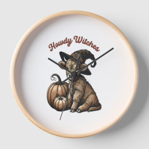 Howdy Witches Halloween Highland Cow Clock