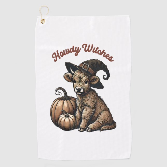 Howdy Witches Halloween Highland Cow Golf Towel (Front)