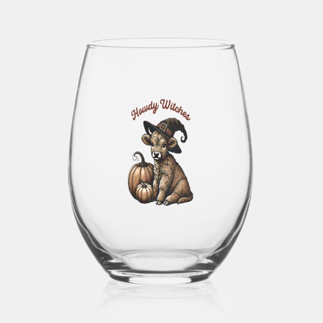 Howdy Witches Halloween Highland Cow Stemless Wine Glass (Front)