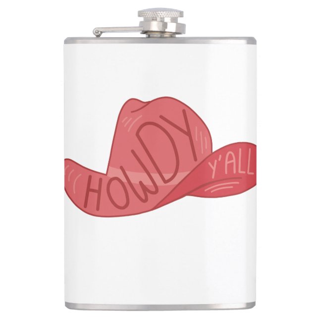 Howdy Y'all Cowboy/Cowgirl Hat Pink Artwork Hip Flask (Front)