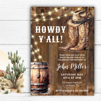Howdy Y'All Western Birthday Cowboy Boots and Hat Invitation