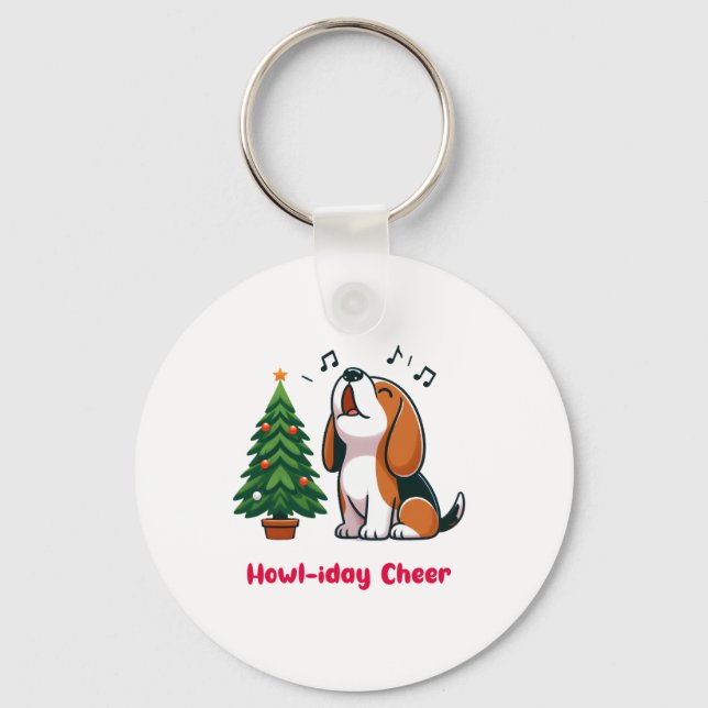 Howl-iday Cheer Beagle With A Christmas Tree Desig Key Ring (Front)