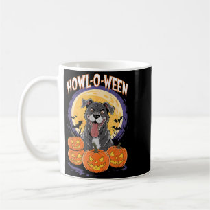 Howl-O-Ween Playful Black Dog With Pumpkins And Coffee Mug