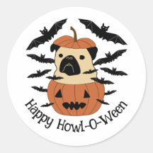 Howl-O-Ween Pug in a Jack-O-Lantern with Bats