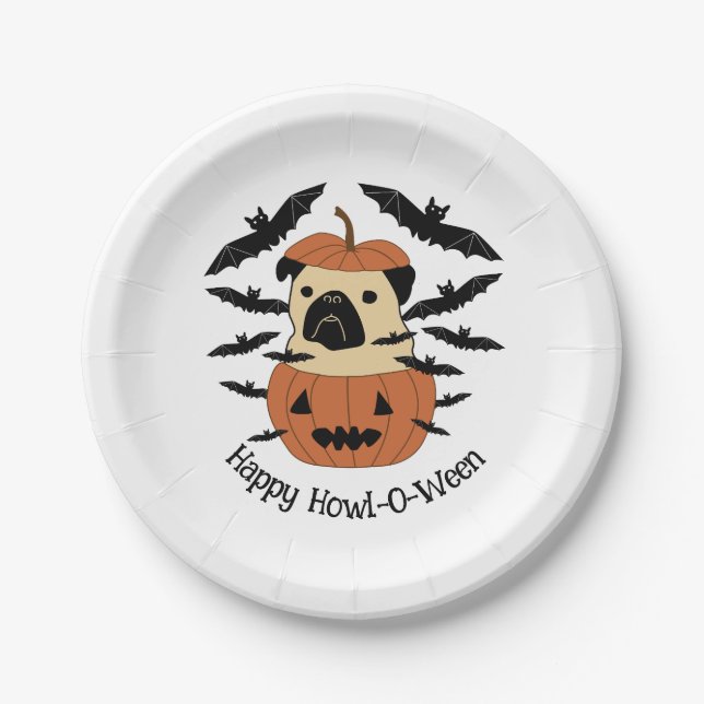 Howl-O-Ween Pug in a Jack-O-Lantern with Bats Paper Plate (Front)