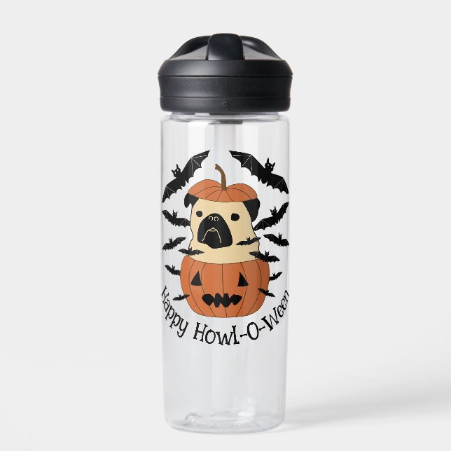 Howl-O-Ween Pug in a Jack-O-Lantern with Bats Water Bottle (Front)