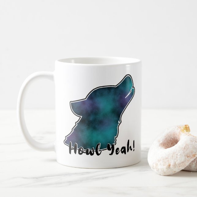 Howl Yeah! Space Galaxy Wolf Silhouette Coffee Mug (With Donut)