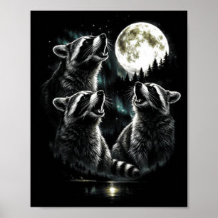 Howling 3 Racoon Moon Retro Style Vintage Funny Poster