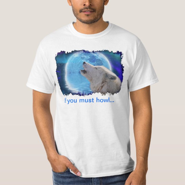 Howling Arctic Wolf & Aurora Funny Art T-Shirt (Front)