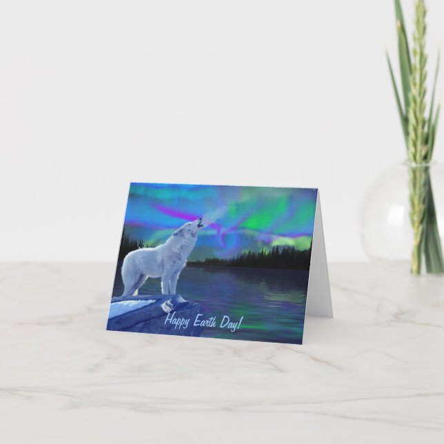 Howling Arctic Wolf & Northern Lights Note Card (Front)