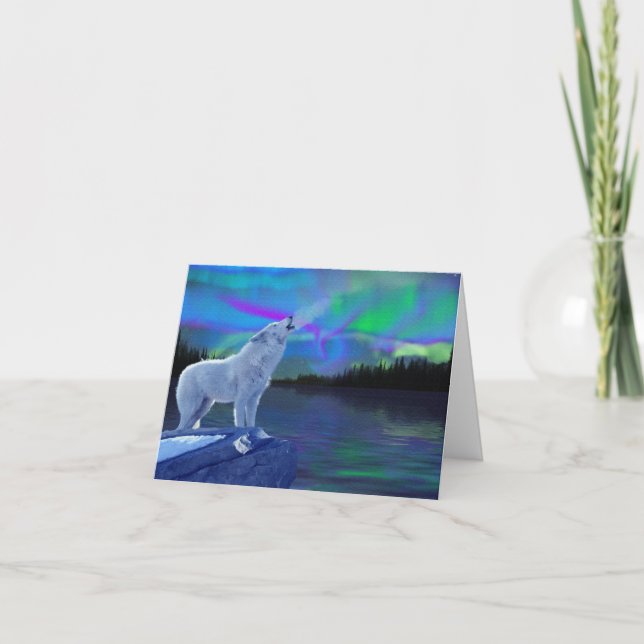 Howling Arctic Wolf & Northern Lights Note Card (Front)