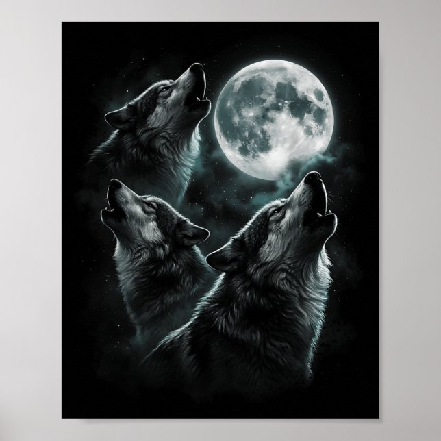 Howling at The Moon Wolf Pack Starry Wildlife Poster (Front)