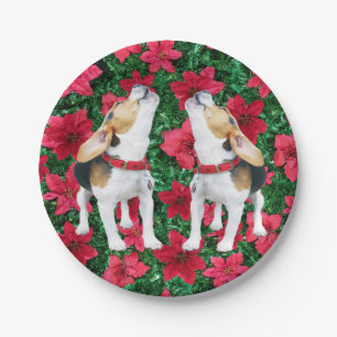 Howling Beagles Poinsettias Christmas Paper Plates