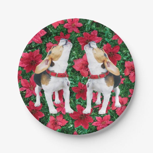 Howling Beagles Poinsettias Christmas Paper Plates (Front)