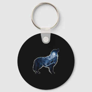 Howling dog moonlit mountain forest silhouette art key ring