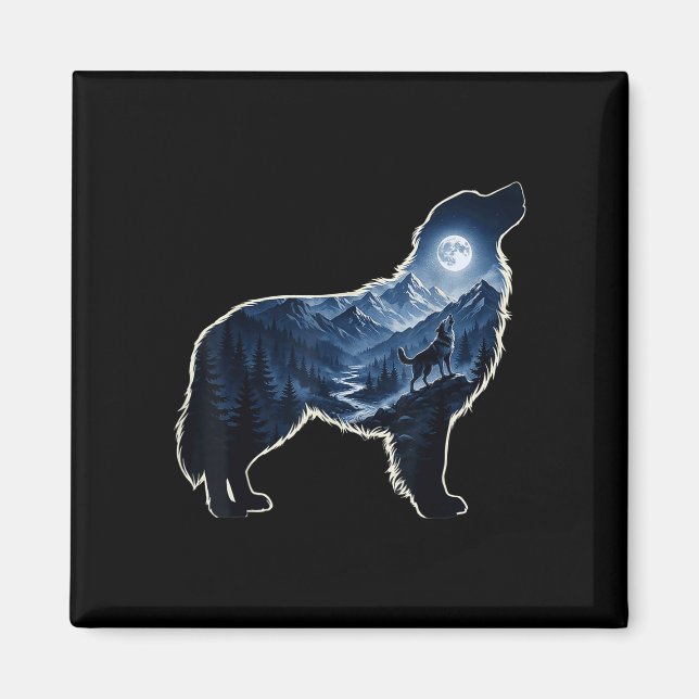 Howling dog moonlit mountain forest silhouette art magnet (Front)