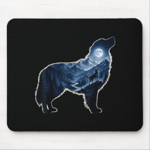Howling dog moonlit mountain forest silhouette art mouse pad