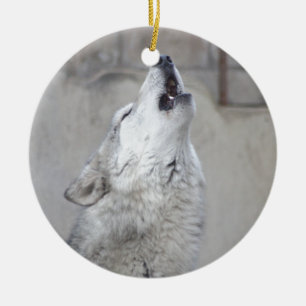 Howling Grey Wolf Ceramic Tree Decoration
