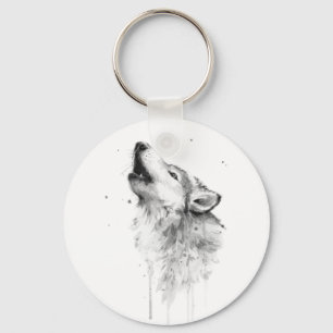 Howling Grey Wolf in Watercolor Painting Style Key Ring