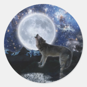 Howling Grey Wolf & Moon  Classic Round Sticker
