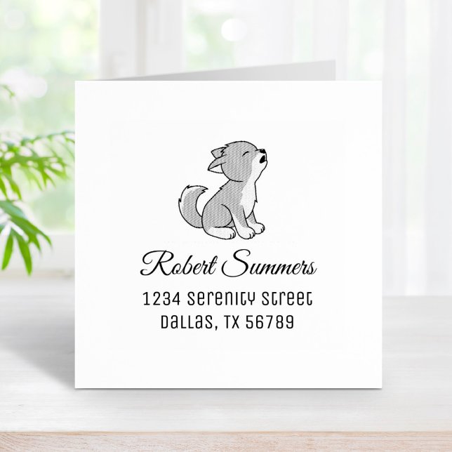 Howling Grey Wolf Pup Address Rubber Stamp (Creator Uploaded)