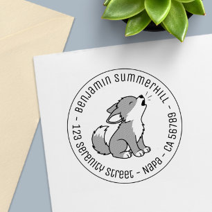 Howling Grey Wolf Pup Round Address Self-inking Stamp