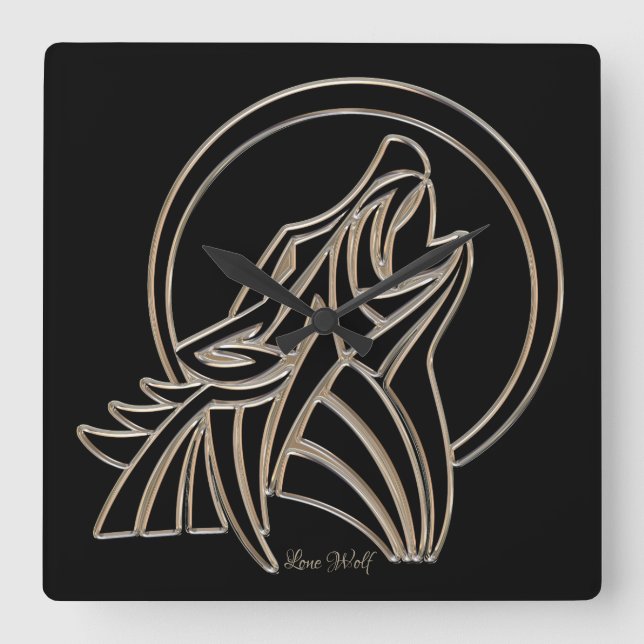 Howling Lone Wolf Elegant Black Silver Grey Square Wall Clock (Front)
