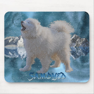 Howling Samoyed Dog in Falling Snow Pet Mousemat