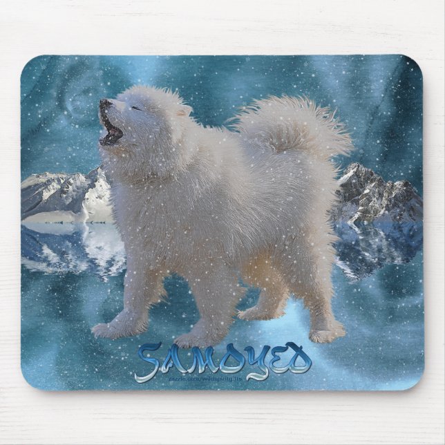 Howling Samoyed Dog in Falling Snow Pet Mousemat (Front)