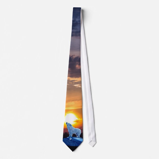 Howling White Arctic Wolf & Sunset Wildlife Tie (Front)