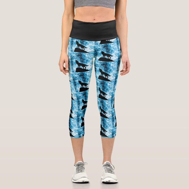 Howling Winter Wolf snowy blue Abstract pattern Capri Leggings (Front)