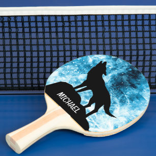 Howling Winter Wolf snowy blue Custom name  Ping Pong Paddle