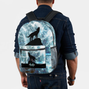 Howling Wolf abstract aqua blue black Monogram Printed Backpack