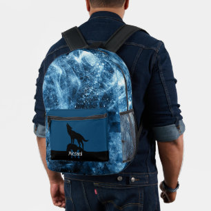 Howling Wolf abstract blue black Monogram Printed Backpack
