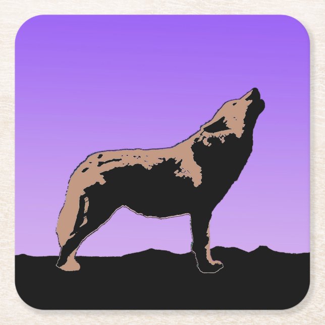 Howling Wolf at Sunset  - Original Wildlife Art Square Paper Coaster (Front)