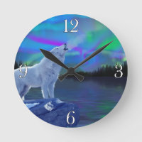 Howling Wolf & Aurora Wildlife Art Clock