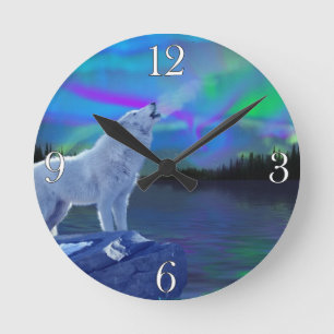 Howling Wolf & Aurora Wildlife Art Clock