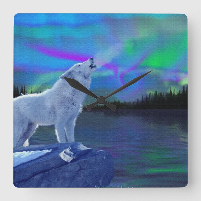 Howling Wolf & Aurora Wildlife Art Clock (Front)