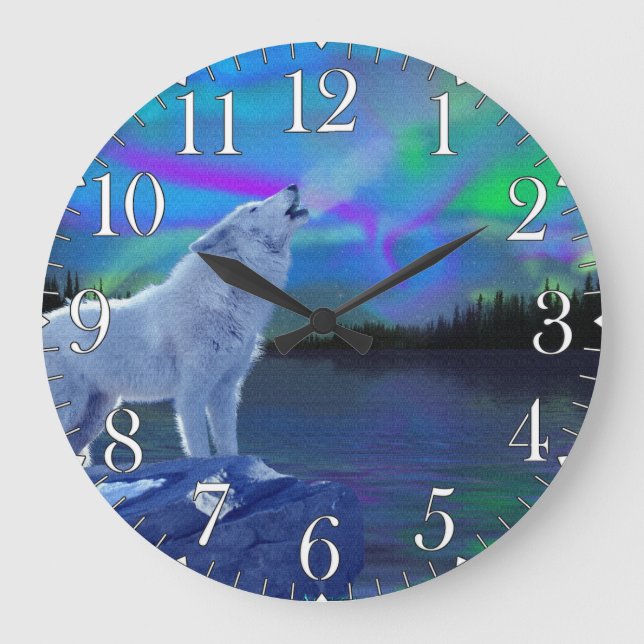 Howling Wolf & Aurora Wildlife Art Clock (Front)