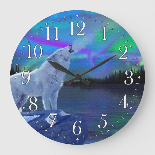 Howling Wolf & Aurora Wildlife Art Clock (Front)