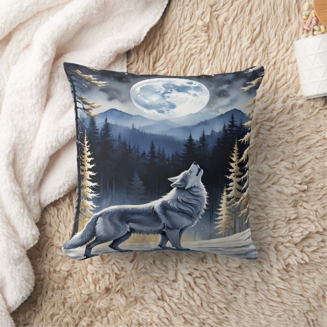 Howling Wolf Beneath a Full Moon in Winter Forest Cushion (Blanket)