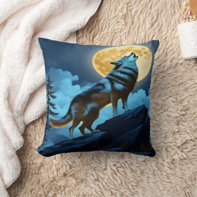 Howling Wolf Beneath Bright Full Moon Cushion (Blanket)