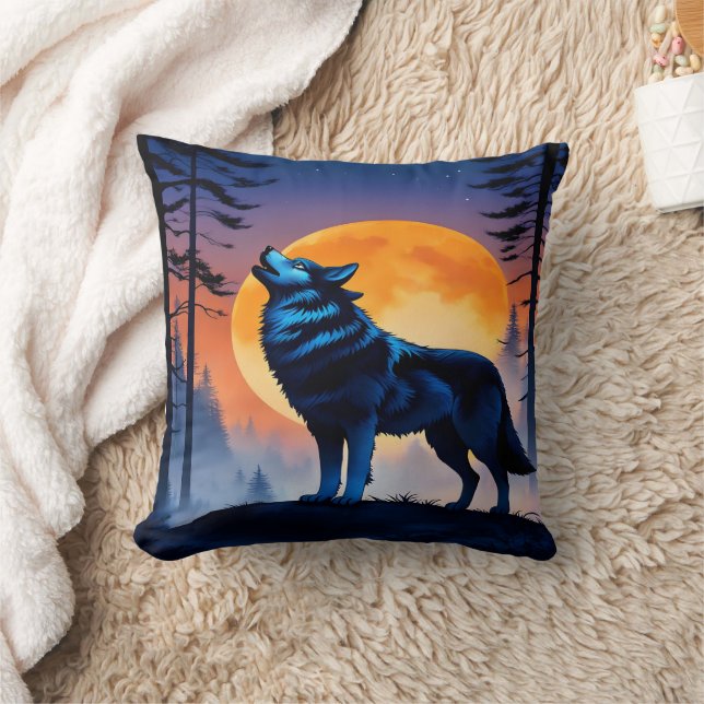 Howling Wolf Beneath Night Sky at Moonrise Cushion (Blanket)