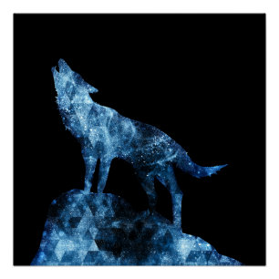 Howling Wolf blue sparkly smoke silhouette black  Poster