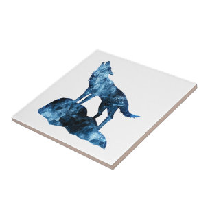 Howling Wolf blue sparkly smoke silhouette Ceramic Tile